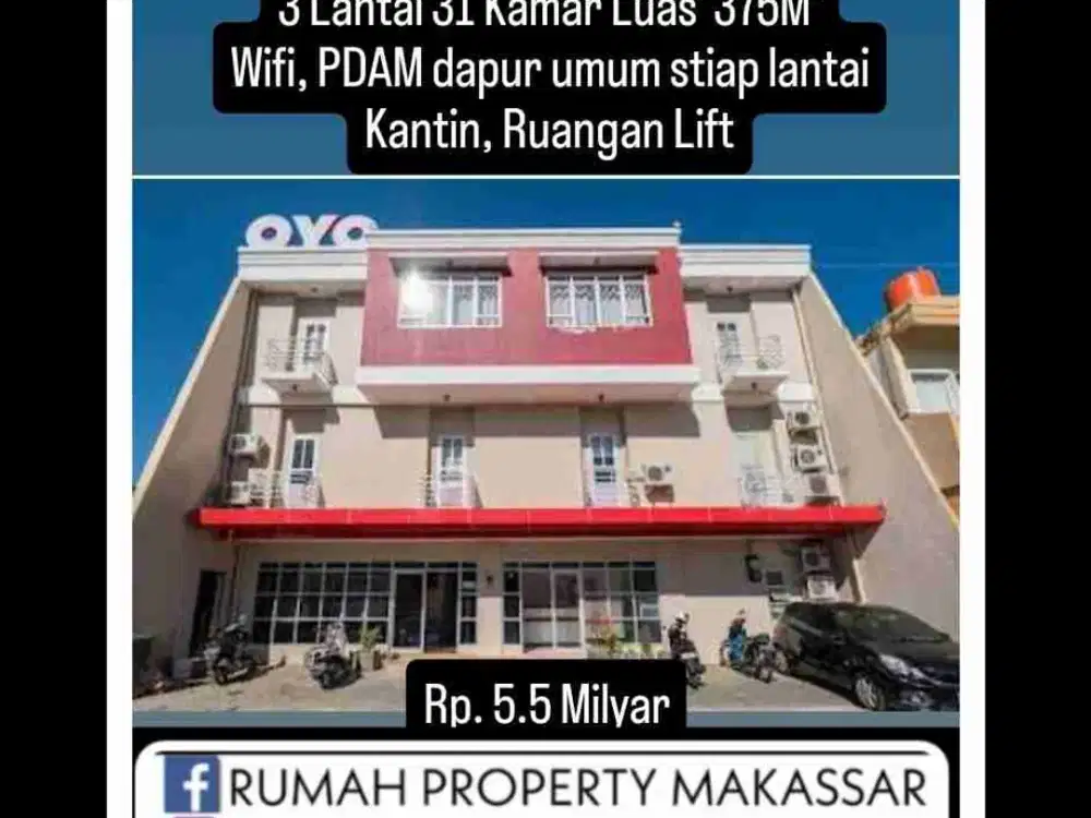 Penginapan Losari Iin
Jl Rajawali
3 Lantai 31 Kamar
Luas  375M²
Wifi, PDAM dapur umum stiap lantai
Kantin, Ruangan Lift
Rp. 5.5 Milyar