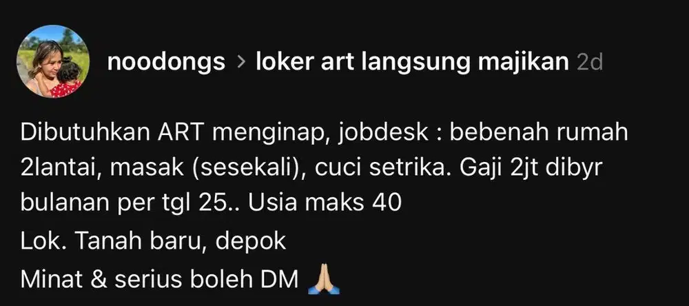 Loker ART Depok (menginap)