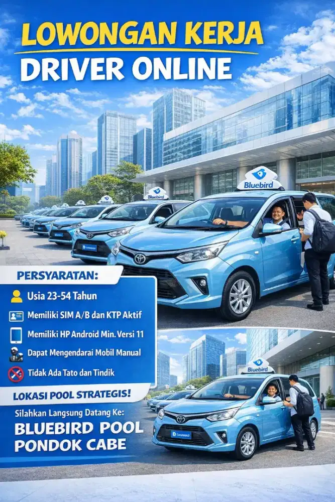 DIBUTUHKAN PENGEMUDI TAKSI ONLINE BLUEBIRD. PENDAFTARAN GRATIS.