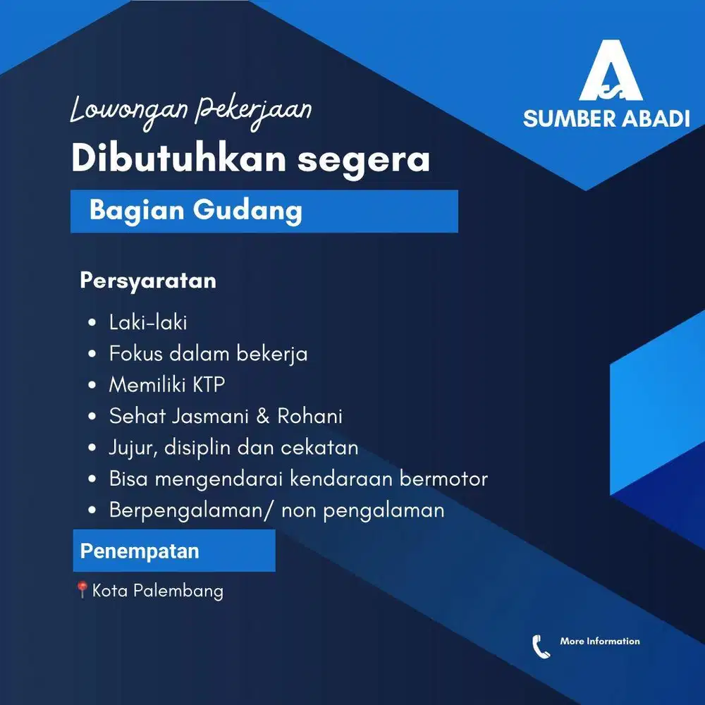 Dibutuhkan Segera Supir dan Bagian Gudang| Lokasi Sako Palembang