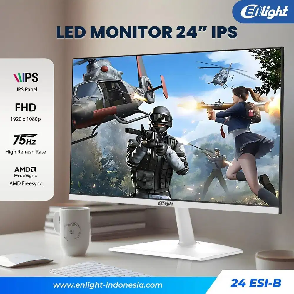 Monitor baru enlight 24 inch ips 75hz fhd warna putih grns 3 thn 1,1jt