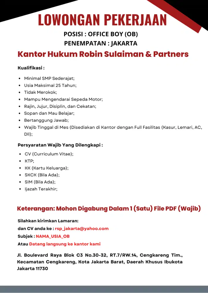 LOWONGAN KERJA OFFICE BOY (OB)