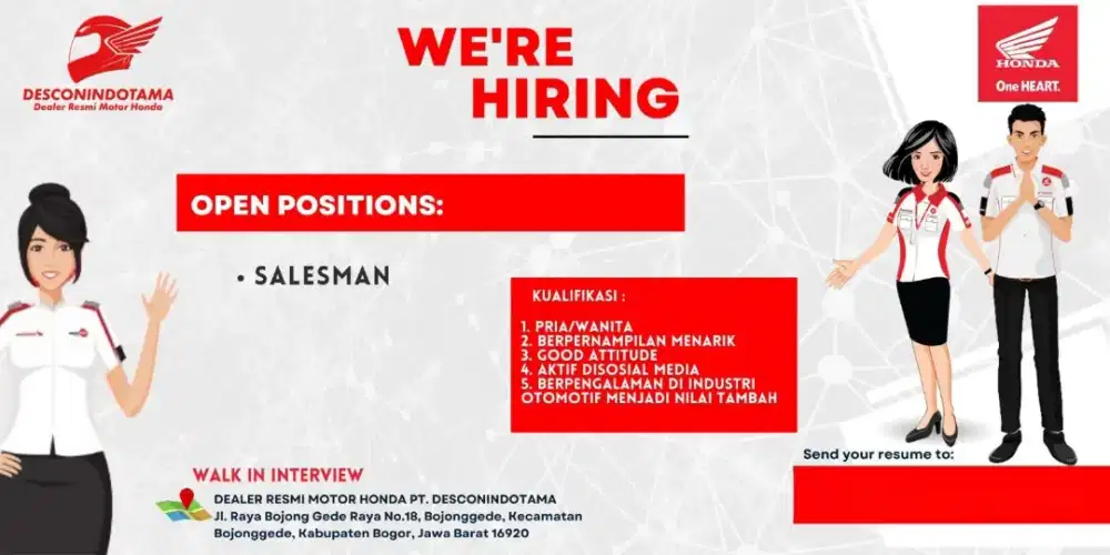 WE ARE HIRING - SALESMAN MOTOR HONDA ( KOMISI BESAR, KARIER LANCAR )