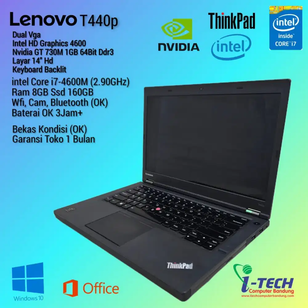 Laptop Lenovo ThinkPad T440p i7Gen4 Ram 8GB SSD 128GbLayar 14HD Murah