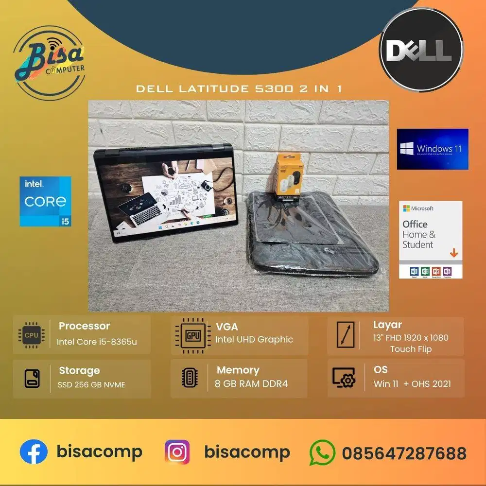 Dell latitude 5300 2 in 1 touchscreen core i5 8th ssd 256gb ram 8gb