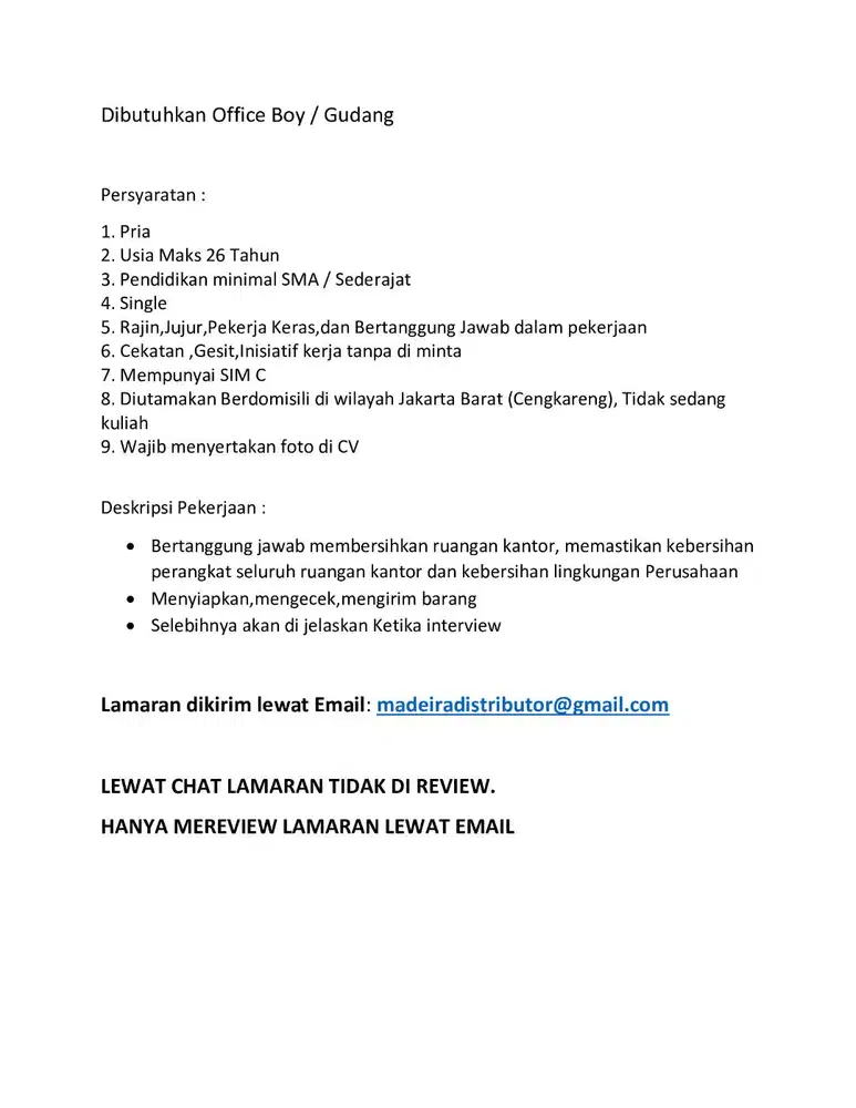 DI BUTUHKAN OFFICE BOY GUDANG