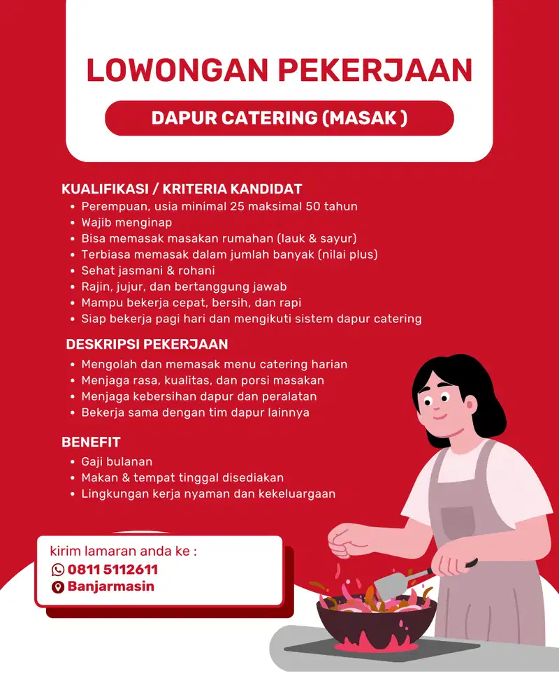 lowongan pekerjaan -DAPUR CATERING (MASAK ) di BANJARMASIN