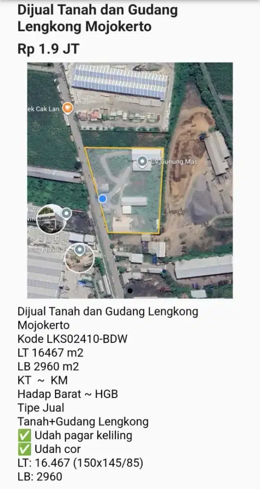 Dijual Tanah+Gudang 1,6 Ha Lengkong 15 Menit Exit Tol