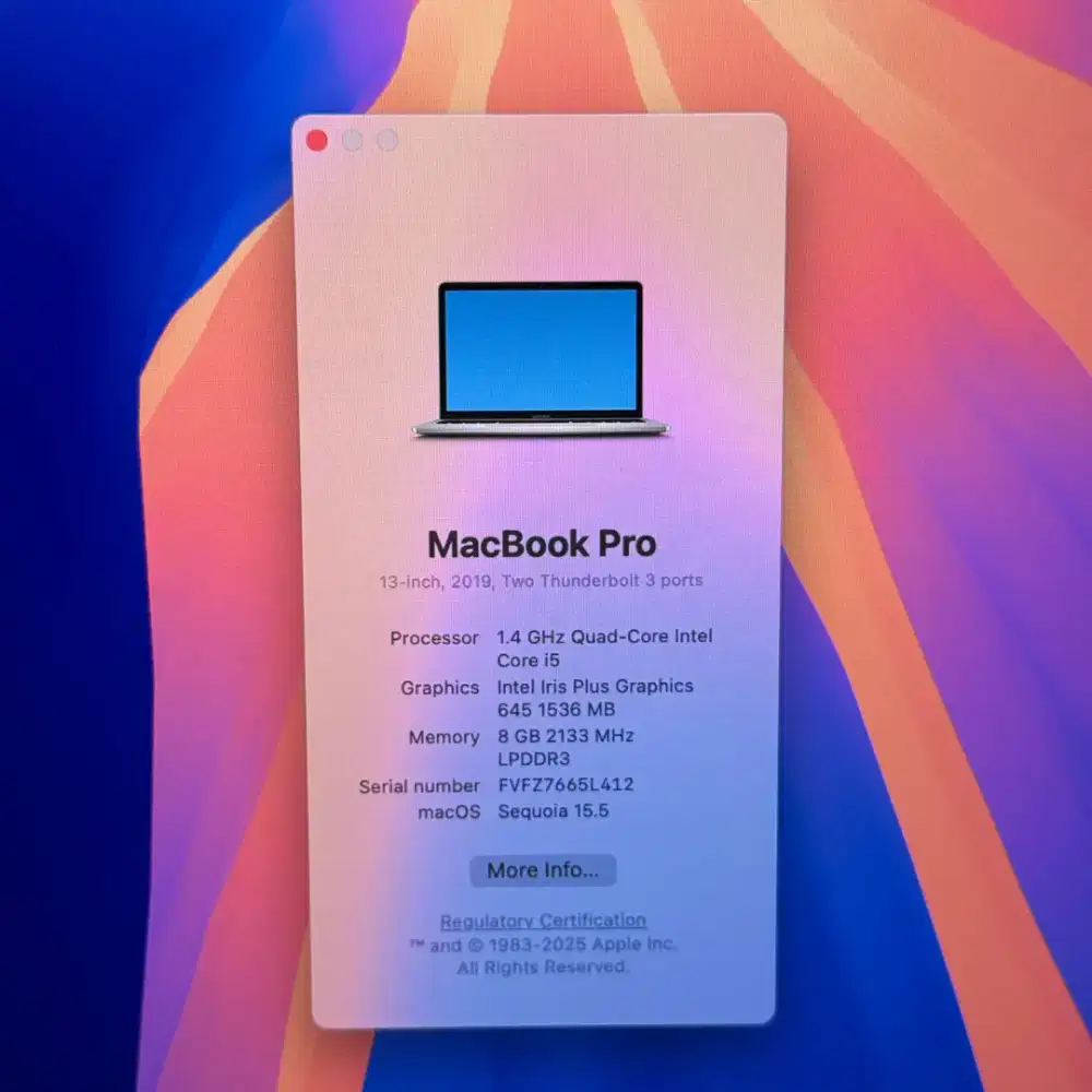 Macbook Pro 2019 layar 13 inch Ram 8 Ssd 256 Silver
