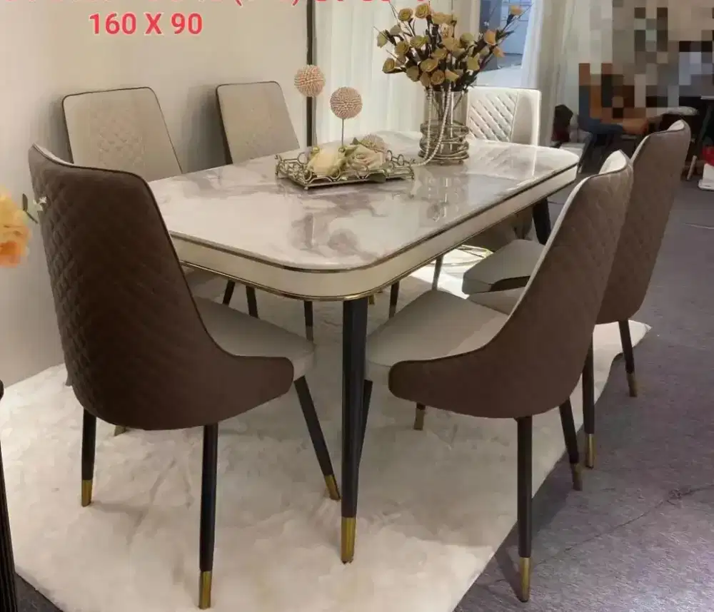 Promo Meja makan import batu alam marmer asli 6 kursi kaki full besi