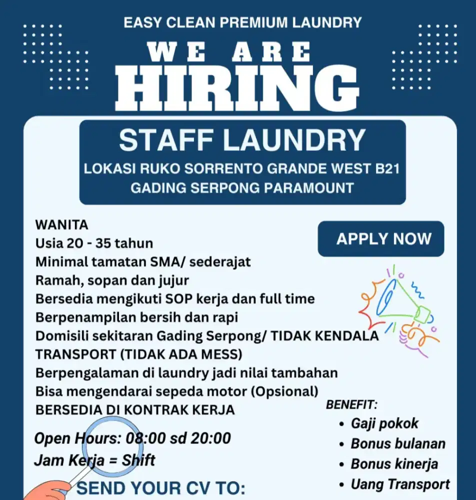 Lowongan kerja Staff Laundry (Cabang Baru)