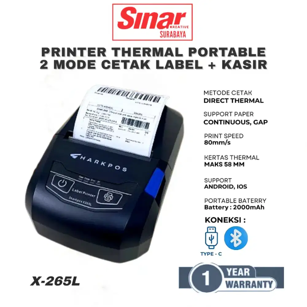 PRINTER THERMAL BLUETOOTH 58MM PORTABLE DUAL MODE LABEL + KASIR X-265L