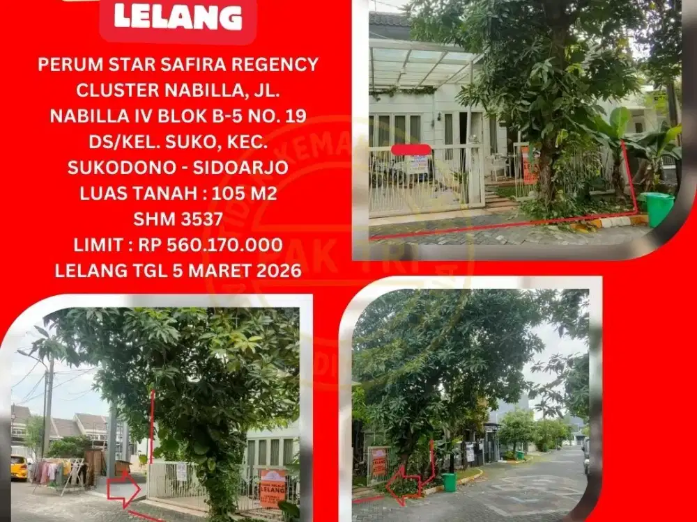 JUAL RUMAH LELANG BANK DI SIDOARJO (STAR SAFIRA REGENCY CLUSTER NABILLA) : LELANG KPKNL