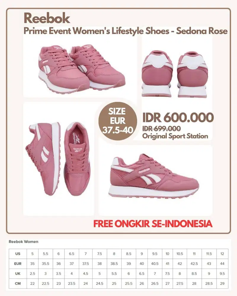 Reebok Prime Event Women's Shoes - Rose | Sepatu Wanita Size 37.5-40
