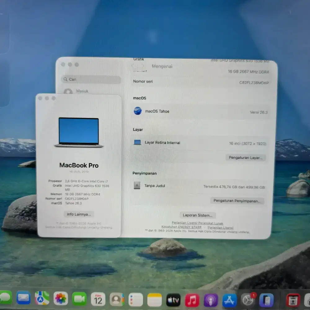 Macbook Pro 2019 Touchbar Ram 16 Ssd 512 Layar 16 inch Full set Silver