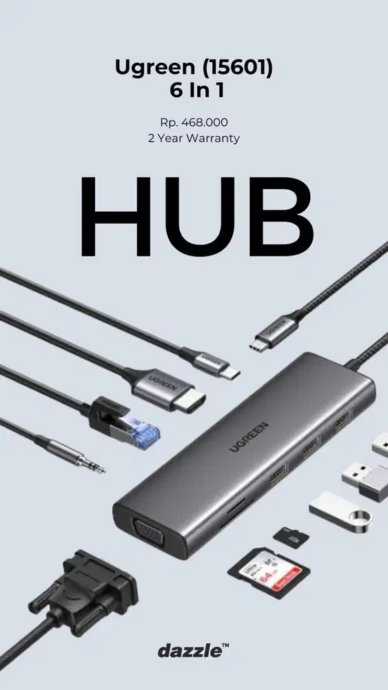USB HUB UGREEN 6 IN 1 GARANSI 2 TAHUN