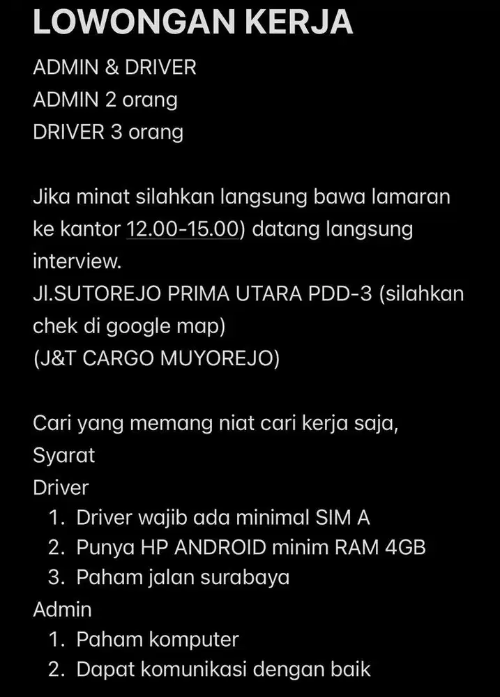 LOWONGAN KERJA ADMIN EXPEDISI