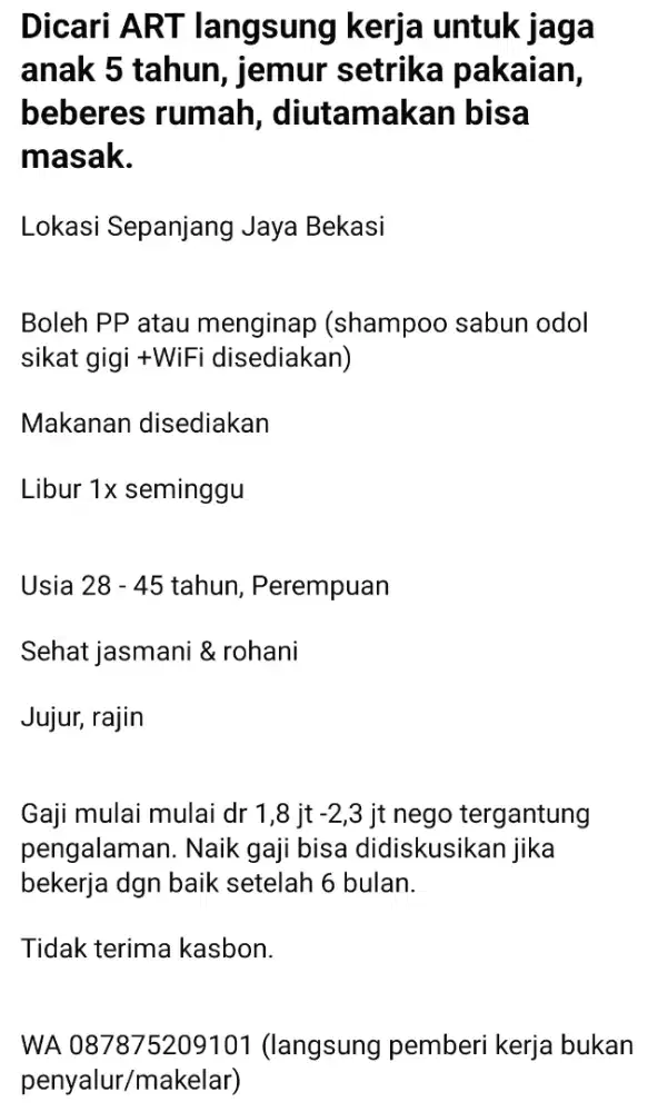 Dicari ART PP atau Menginap