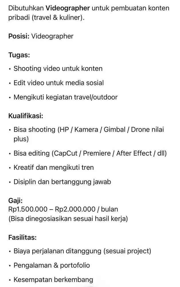 Lowongan Kerja Videographer Konten Pribadi