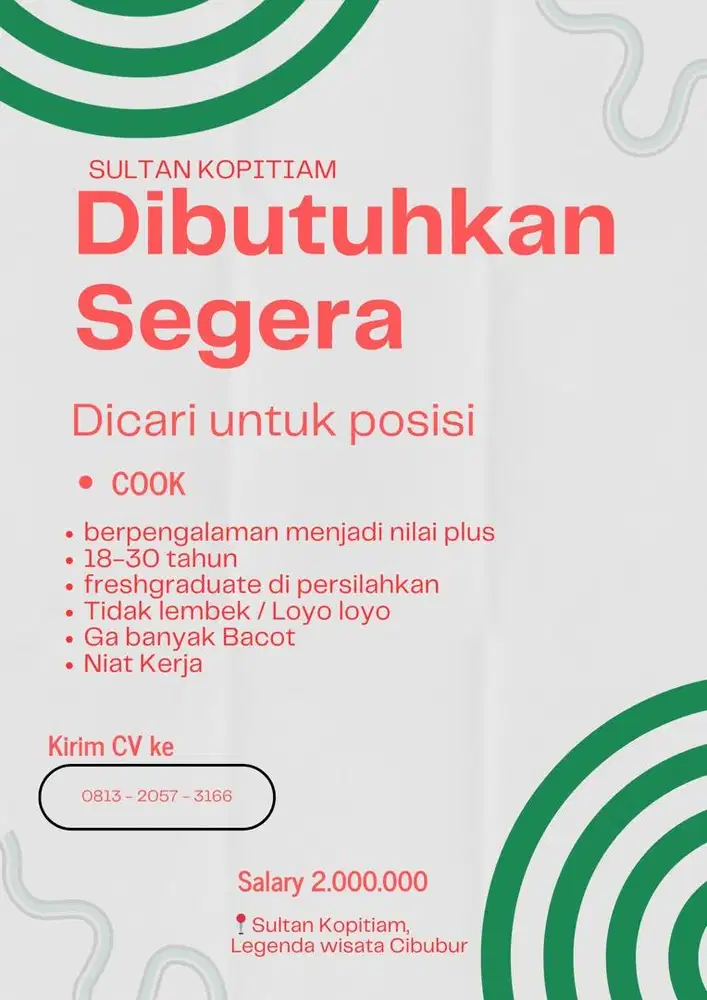Cook Kitchen Chef Masak dibutuhkan segera