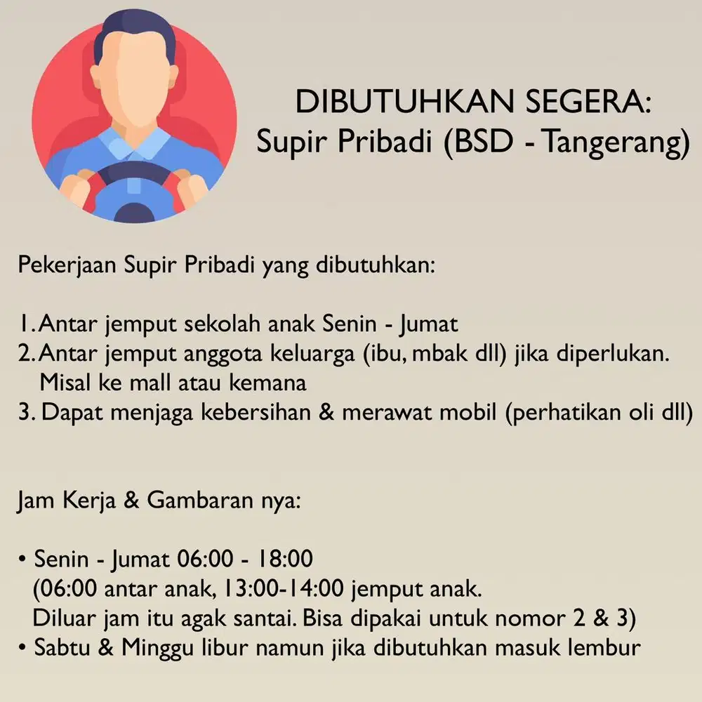 Butuh Segera: Supir Pribadi di BSD, Tangerang