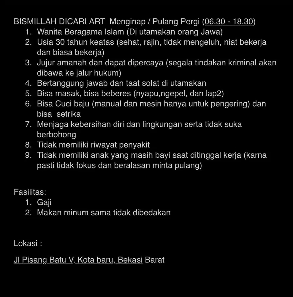 BISMILLAH DICARI ART  Menginap / Pulang Pergi (06.30 - 18.30)