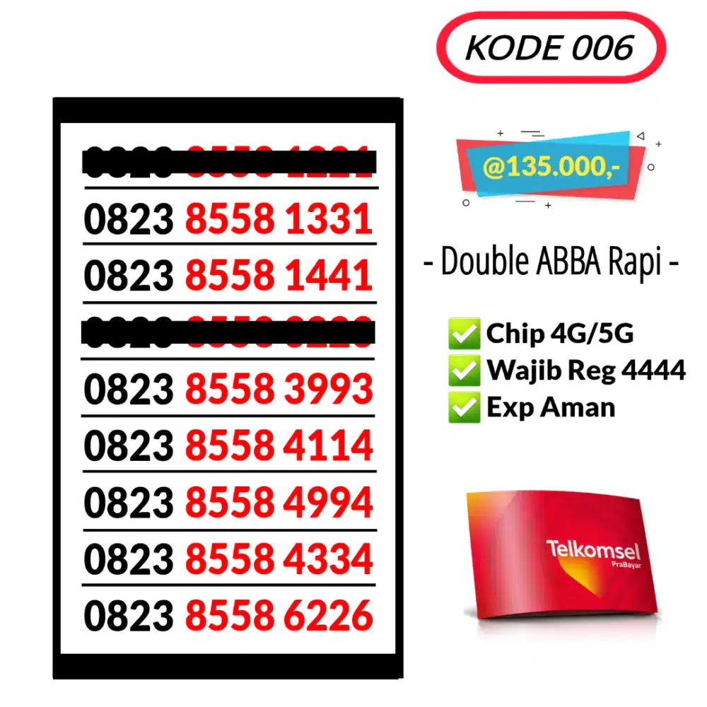 Nomor Cantik Telkomsel Double ABBA Rapi 4G/5G