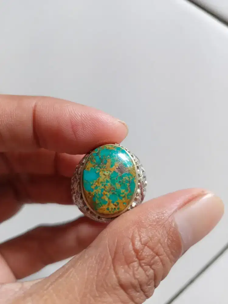 Batu Cincin Akik Permata Natural Turquoise Pirus Persia Urat Emas