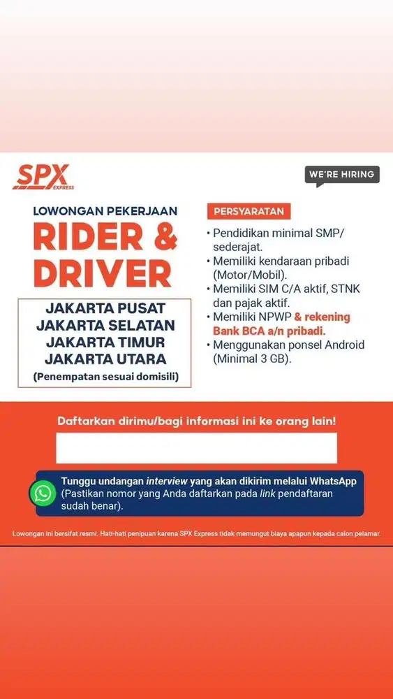 LOWONGAN KERJA SPX EXPRESS KURIR MOTOR DAN KURIR MOBIL AREA JAKARTA