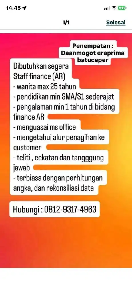 Dibutuhkan staff finance