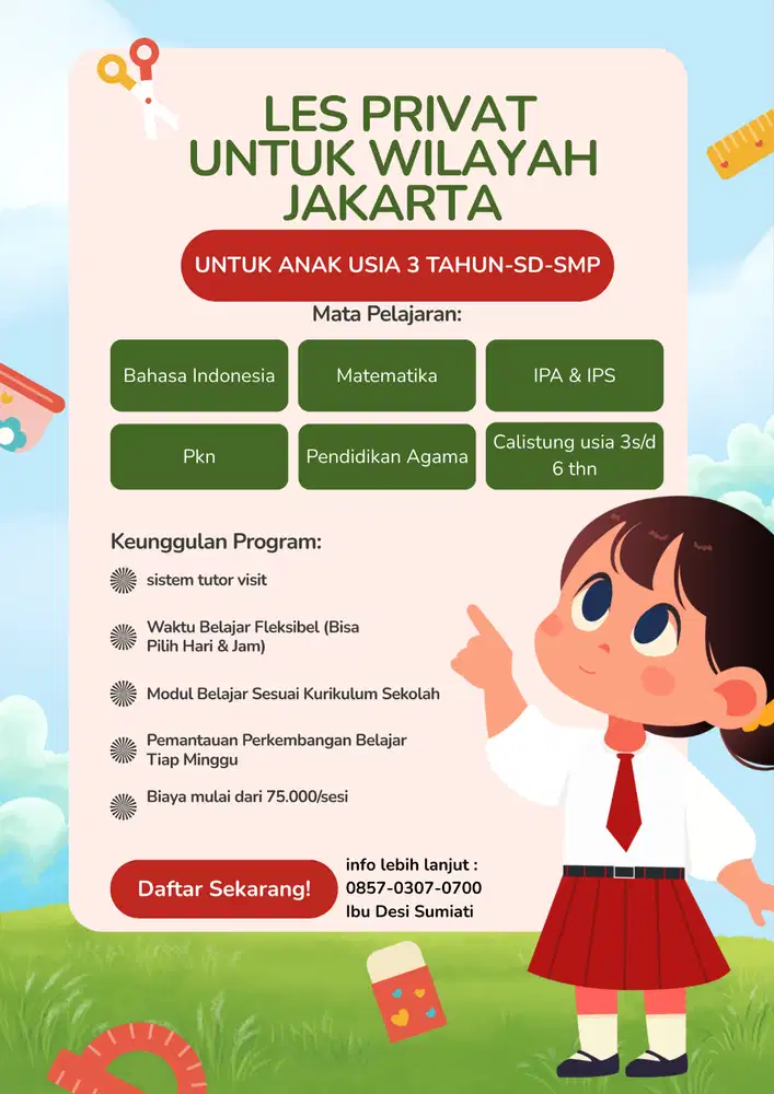 Les privat untuk anak pra sekolah (tk) ,SD,SMP