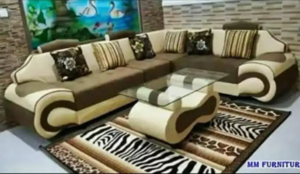 Sofa Sudut Cantik Minimalis + Meja tamu atas Kaca