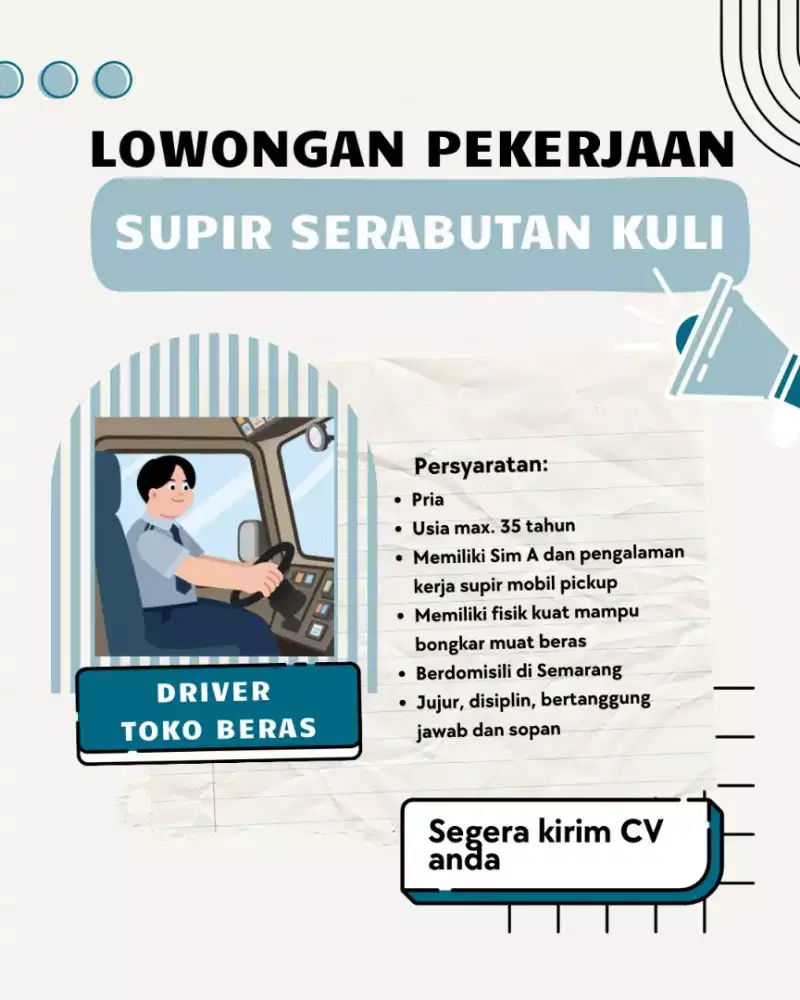 Lowongan kerja dibutuhkan Driver / Supir serabutan Kuli