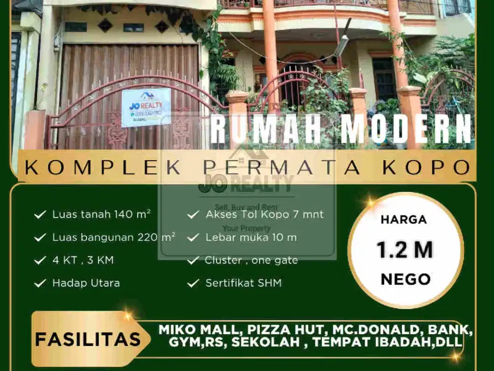 Komplek Permata Kopo, Rumah Modern 2 lt, Cluster , Akses Tol Kopo, Strategis, dekat area Komersil.