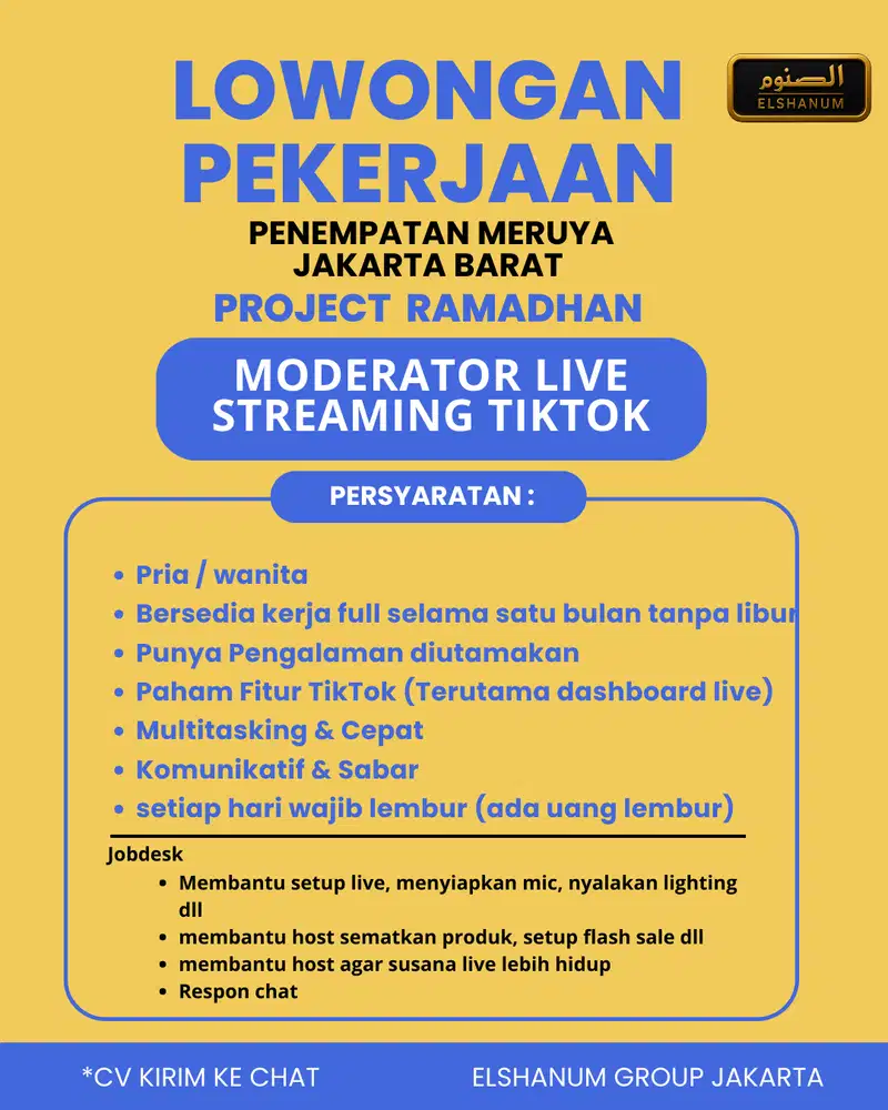 DIBUTUHKAN SEGERA MODERATOR LIVE STREAMING TIKTOK (PROJECT RAMADHAN)