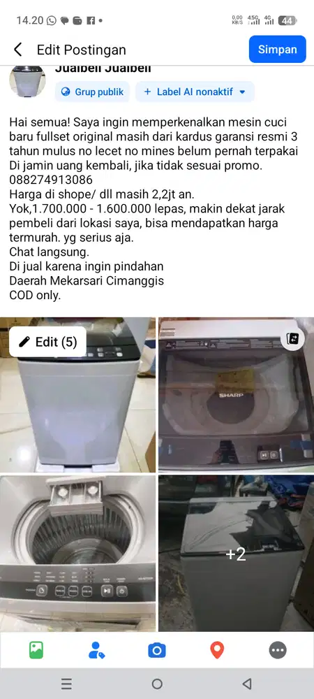 Mesin cuci 1 tabung baru murah
