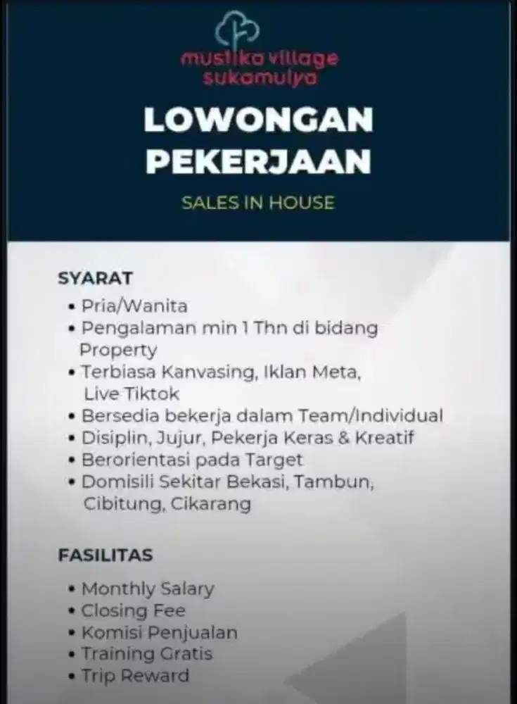 lowongan kerja sales mustika villlage sukamulya cikarang utara