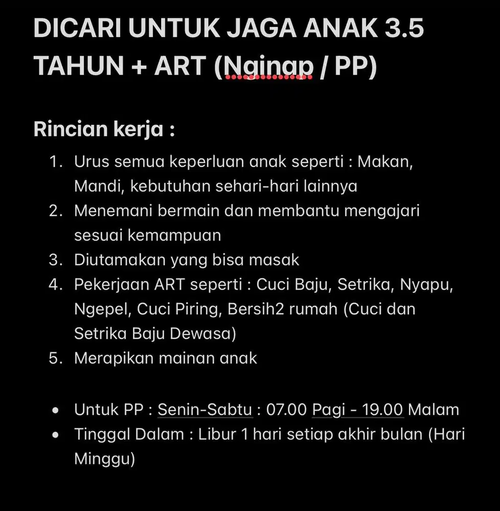 DICARI UNTUK JAGA ANAK 3.5 TAHUN + ART (Nginap / PP)