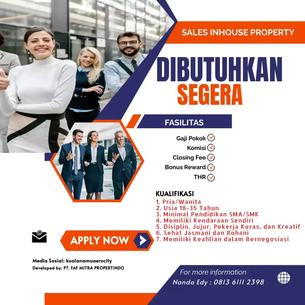 Dibutuhkan Sales Property untuk Apartemen