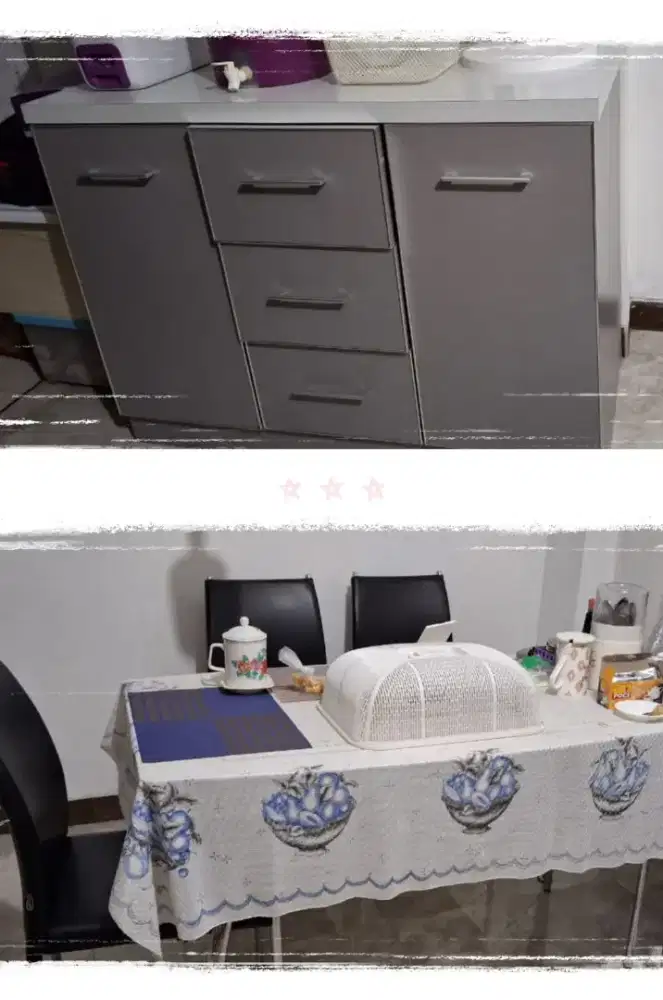 Set meja makan kaca , kursi dan lemari piring