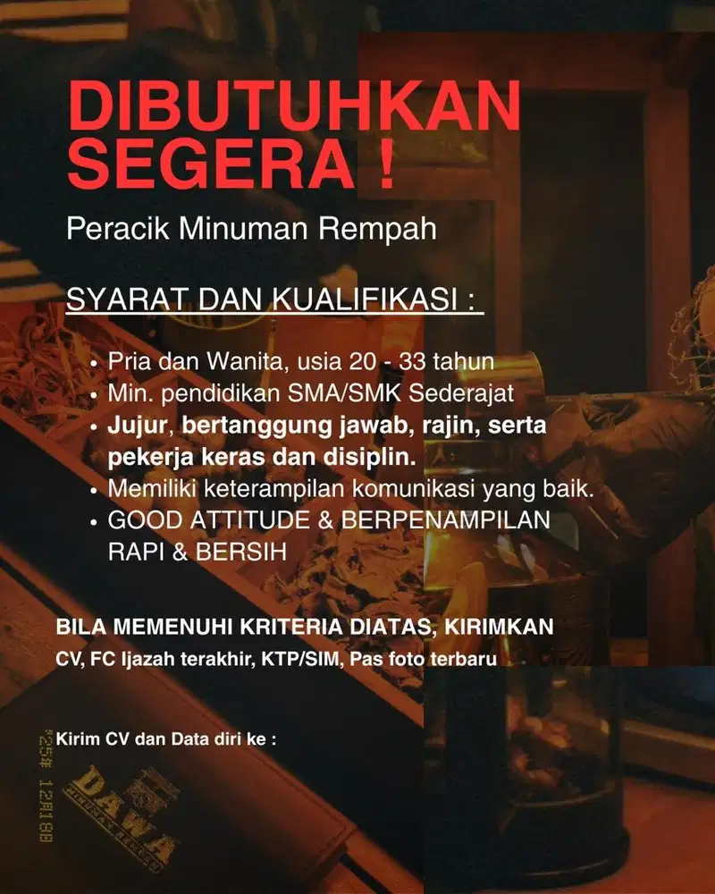 DIBUTUHKAN SEGERA PERACIK MINUMAN REMPAH