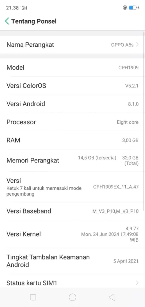 Di jual cepat hp Oppo a5s 3G