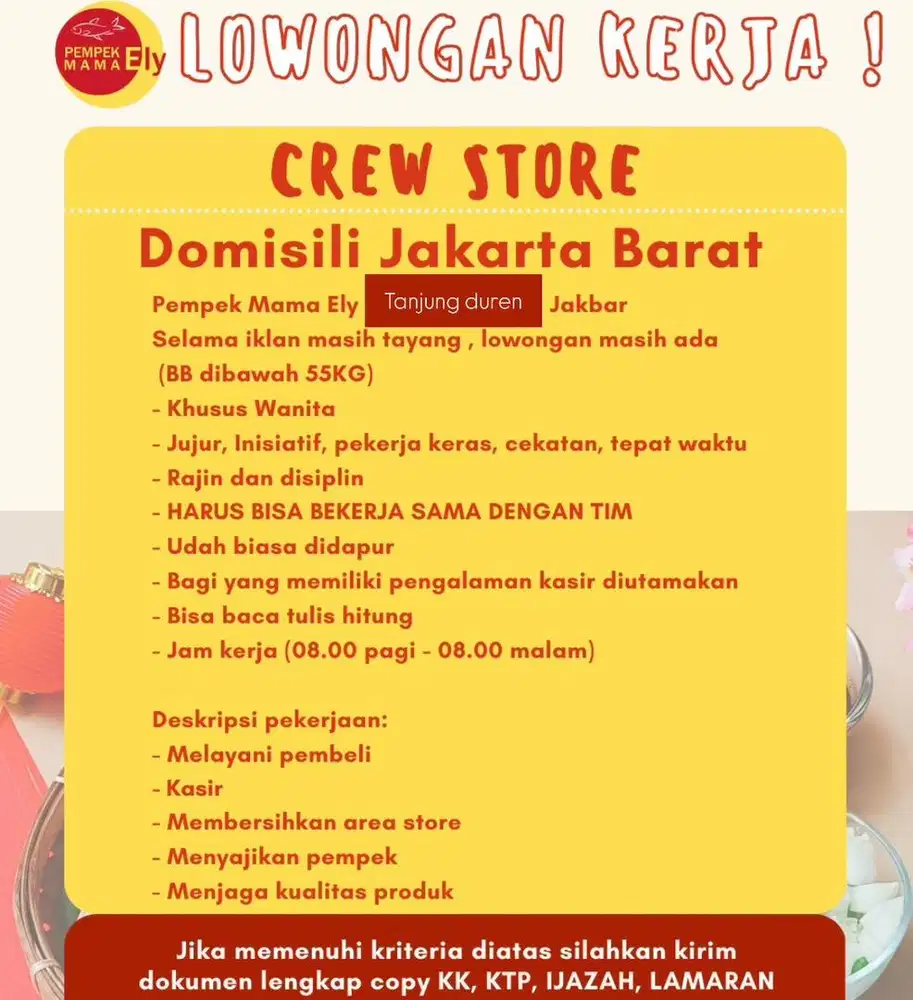 Loker khusus wanita CREW STORE PEMPEK MAMA ELY TANJUNG DUREN