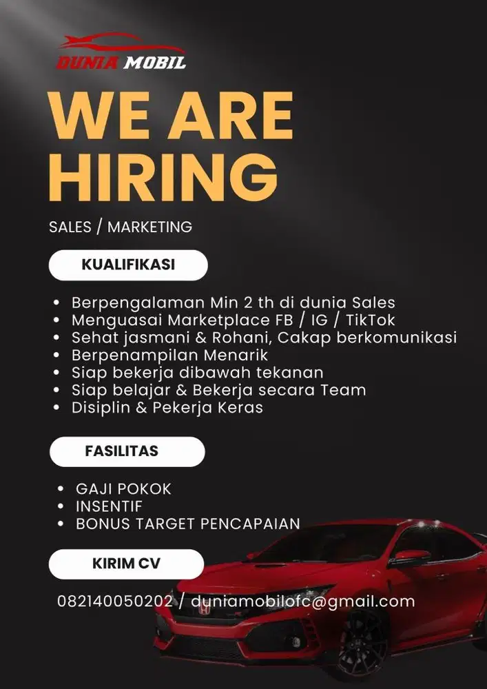 Lowongan Kerja Sales Mobil Bekas , Sales Counter , Sales Showroom