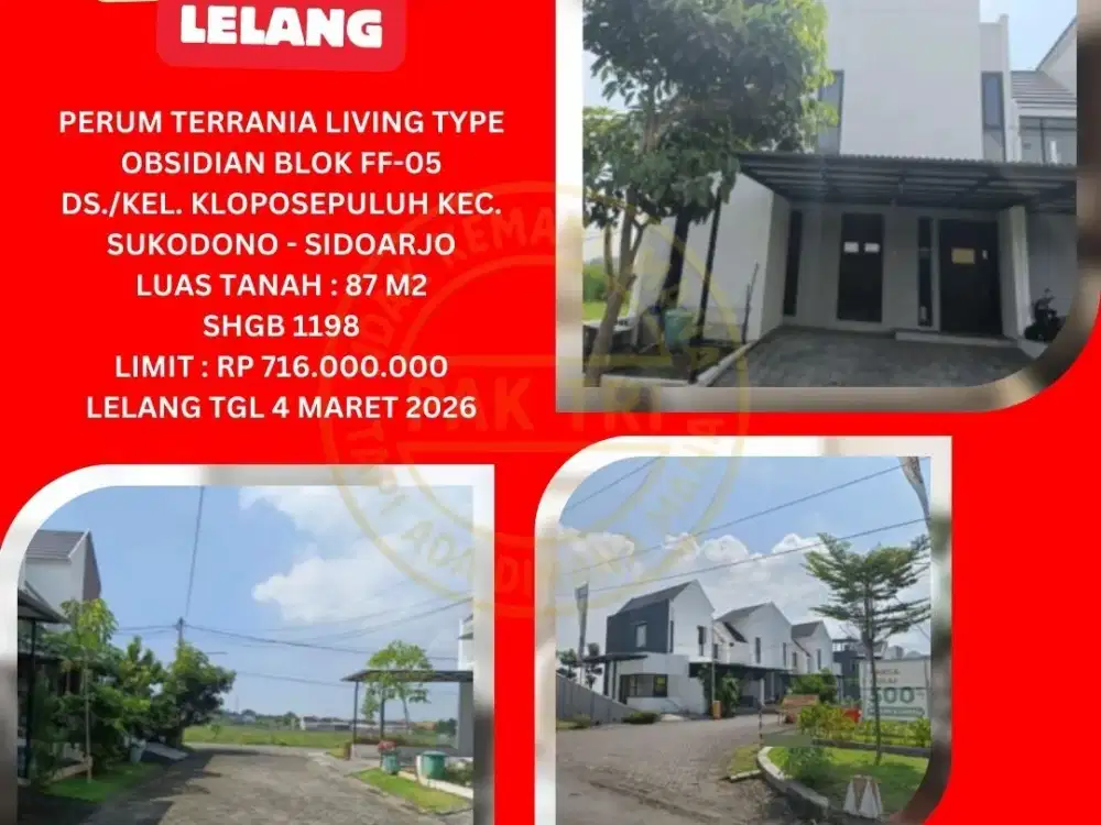 JUAL RUMAH LELANG BANK DI SIDOARJO (PERUM TERRANIA LIVING TYPE OBSIDIAN) : LELANG KPKNL