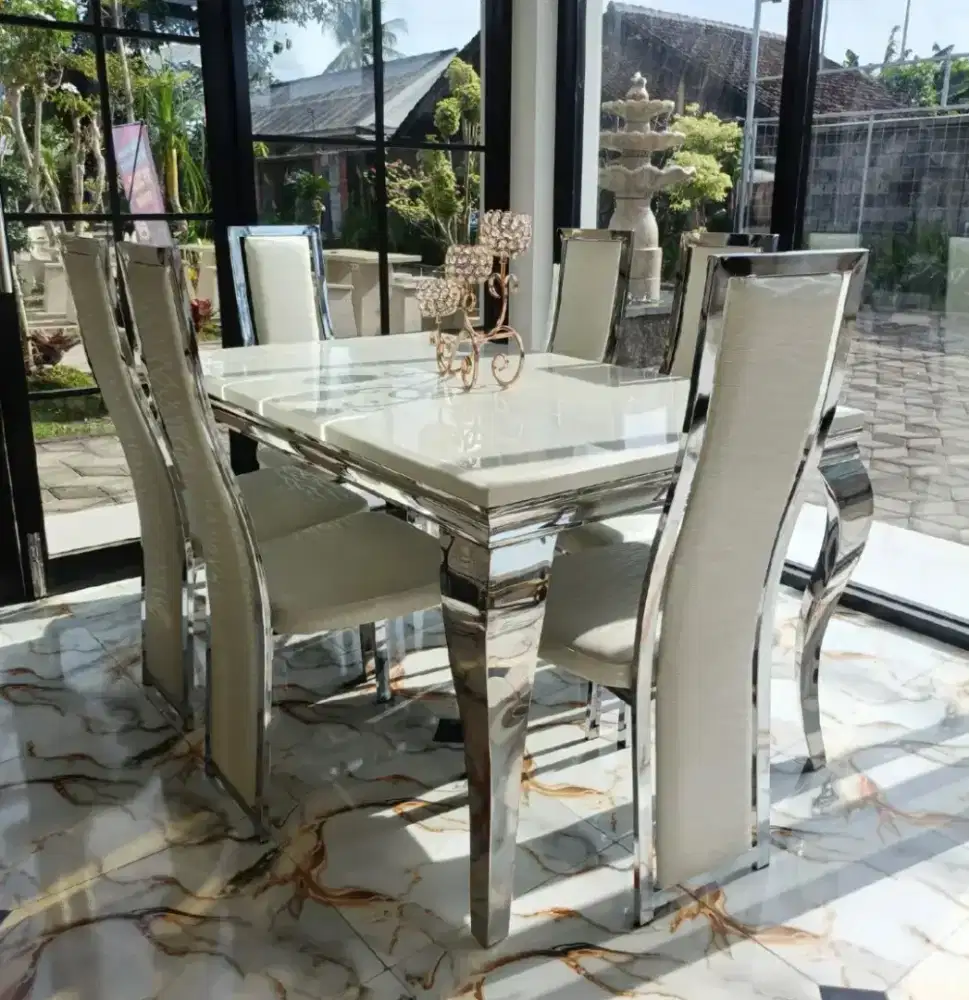 Promo meja makan batu alam marmer asli tebal 6 kursi rangka stanless
