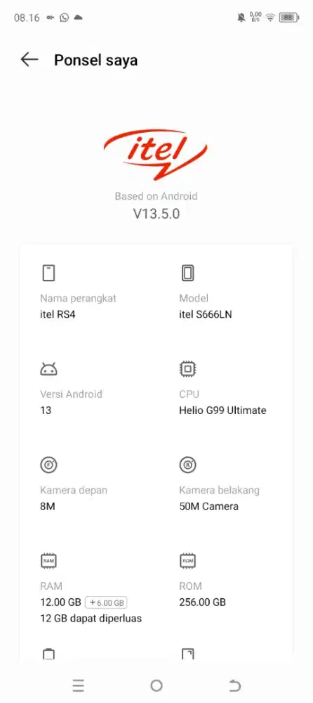 Itel rs4 minus kamera depan