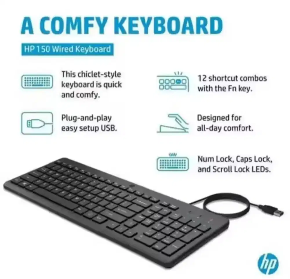 Keyboard Wired USB A HP 150 Hitam Ori