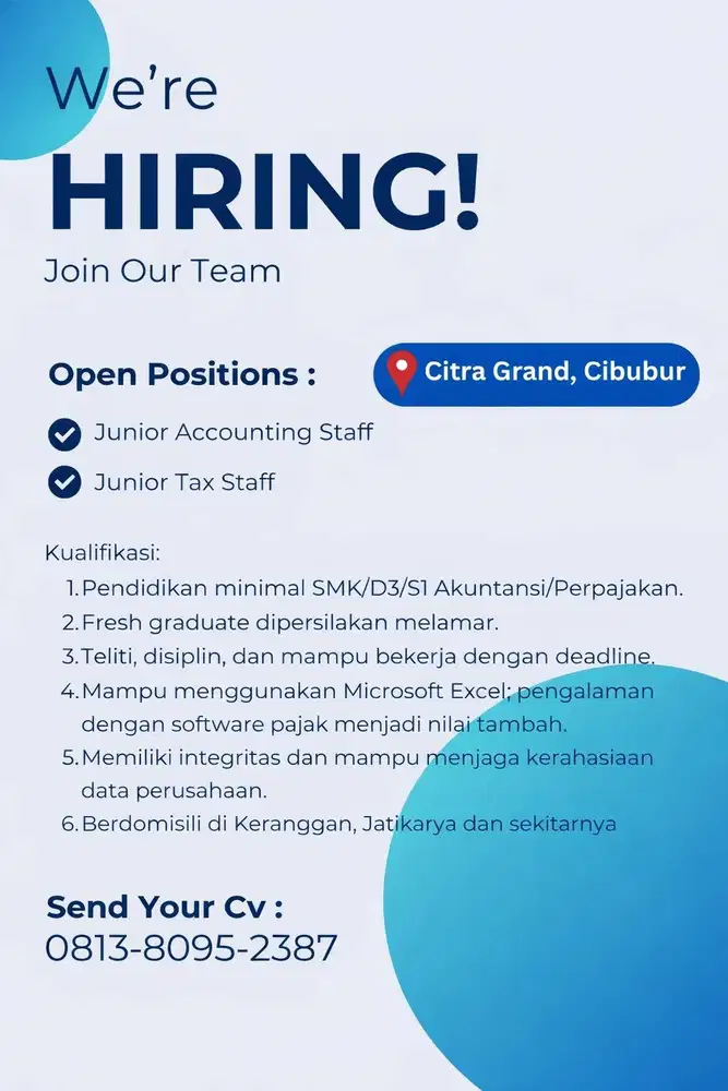 Dibutuhkan Staff Akuntansi, kurang dari 27 tahun, perempuan