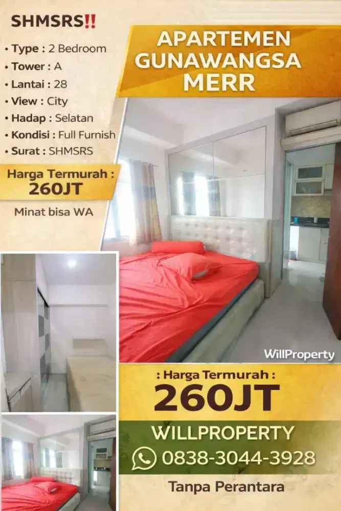 Gunawangsa Merr 2BR Furnished SHMRS dekat Baruk,Bale Hinggil,Rungkut